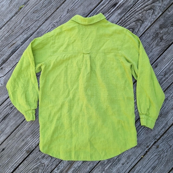 Vintage 90's Linen Bright Green Button-Down Shirt - Picture 3 of 5